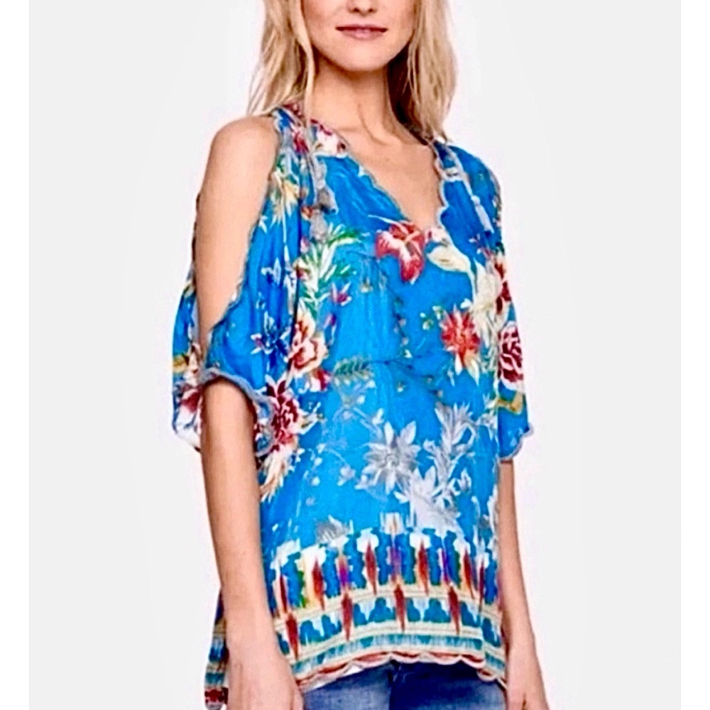 JOHNNY WAS BETIMO FLORAL SILK TOP XS/S EMBROIDERED HEM MERMAID SIREN COASTAL